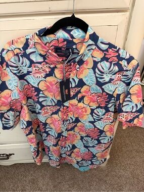 Vineyard Vines Navy Tropical Floral Short-Sleeve Button-Up